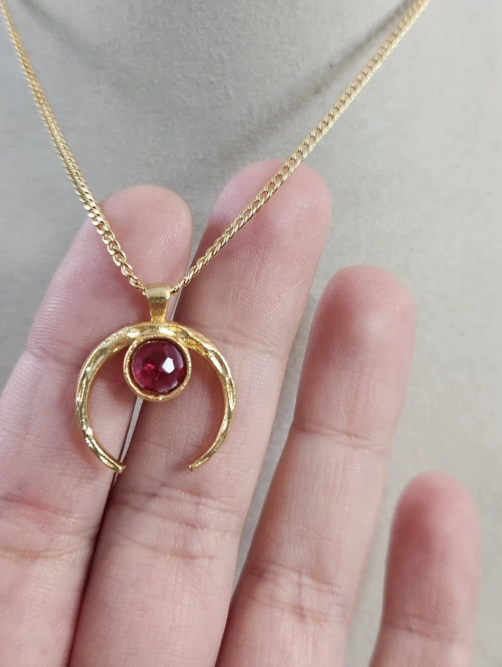 18k Gold Plated Pink Tourmaline Moon Pendant Necklace